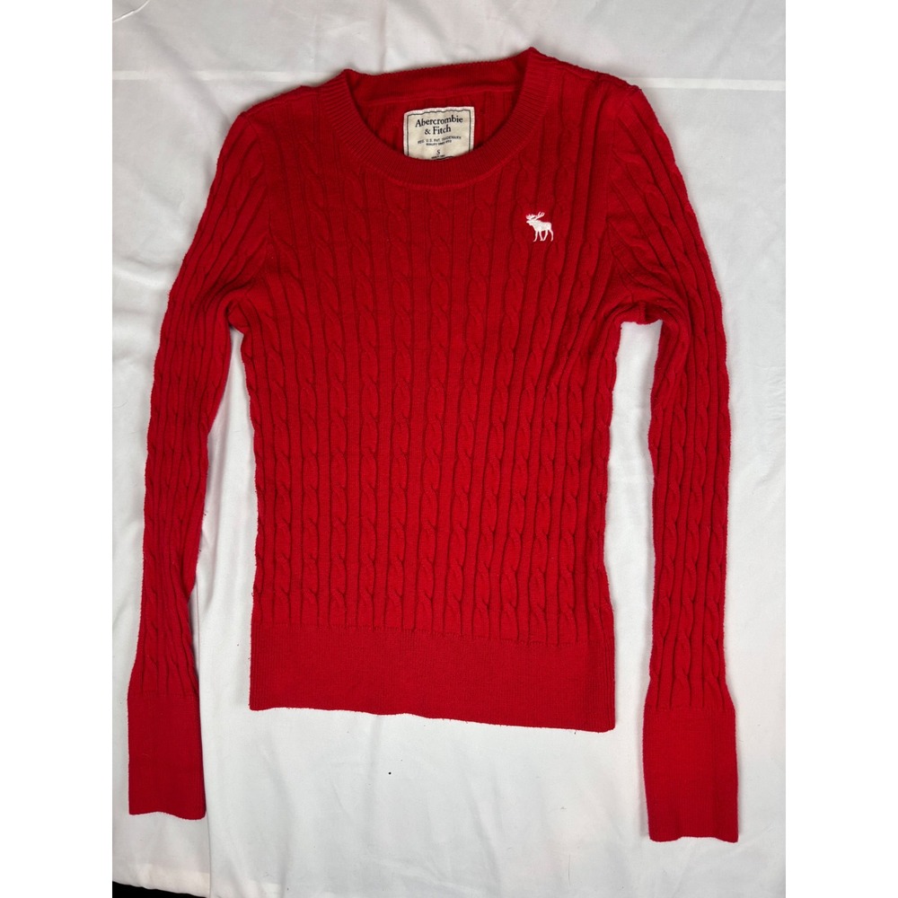 Abercrombie & Fitch Red Cable Knit Sweater Long Sleeve Moose Logo Small